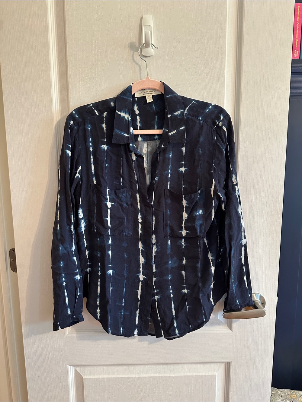 Anthropologie blue and white long sleeve blouse